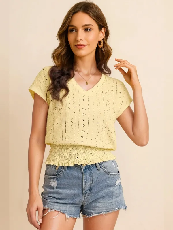 Eyelet V-Neck Short Sleeve Blouse sold by Charming Charlie