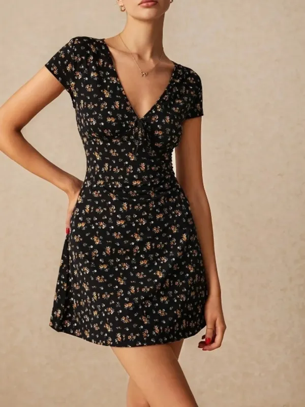 Floral V-Neck Short Sleeve Mini Dress sold by Charming Charlie