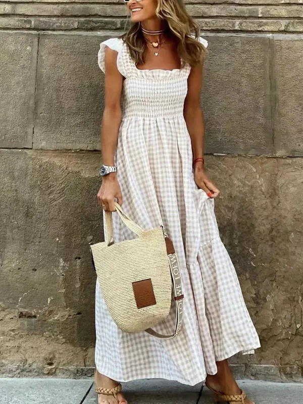 Smocked Gingham Maxi Dress with Ruffle Straps sold by Charming Charlie