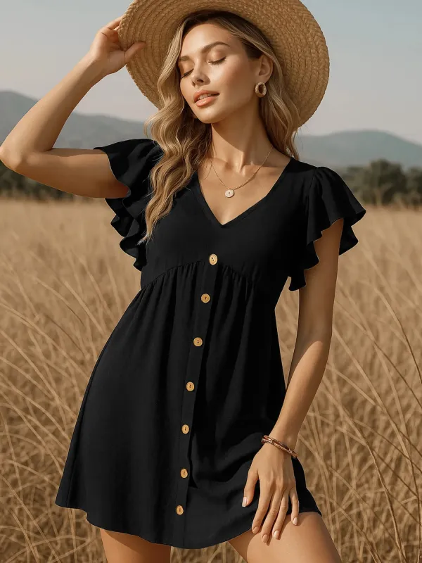 Full Size Button-Front Ruffle Sleeve Casual Dress Plus Size sold by Charming Charlie