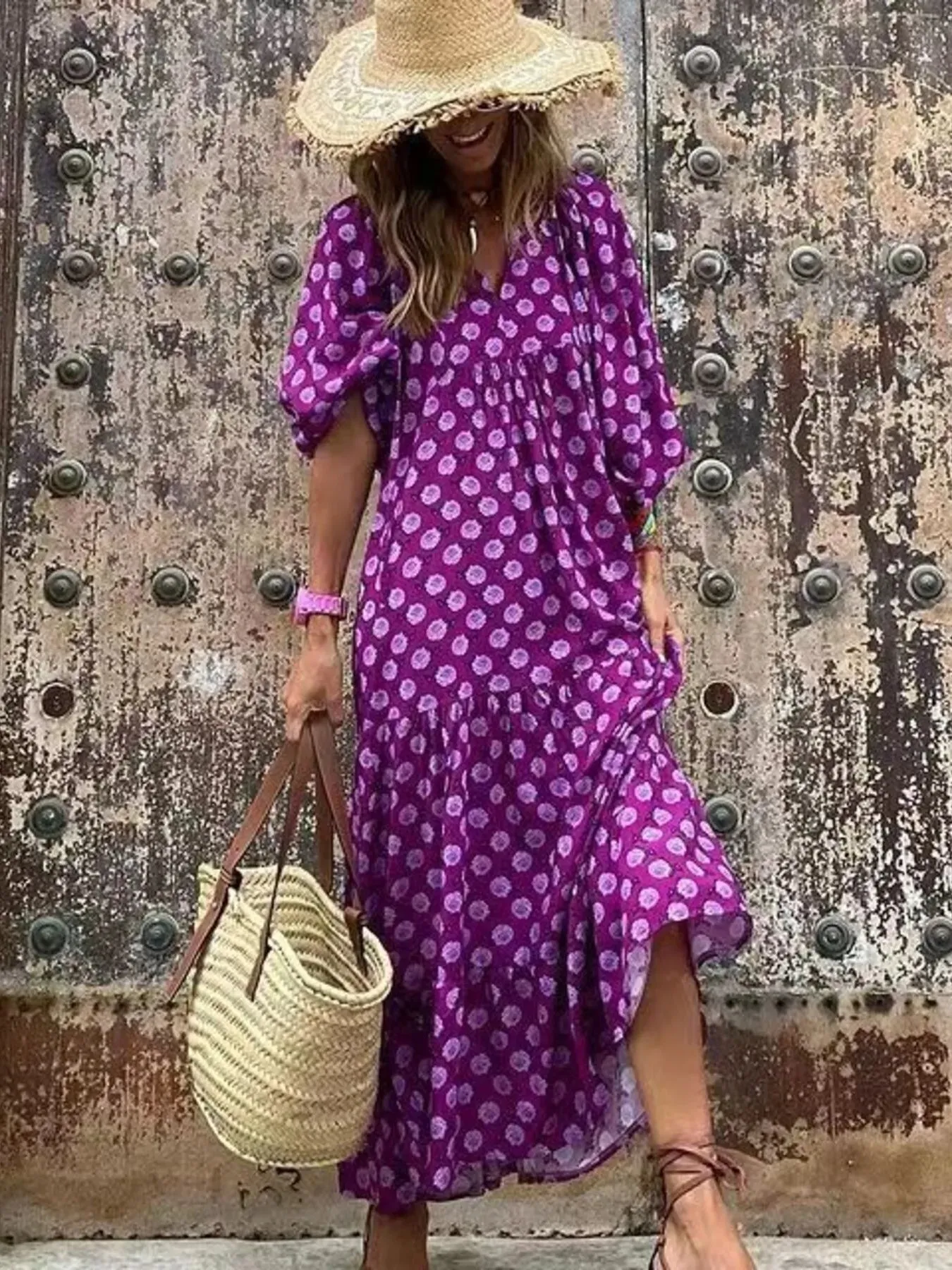 Full Size Printed V-Neck Balloon Sleeve Maxi Dress Plus Size sold by Charming Charlie product image thumbnail 5