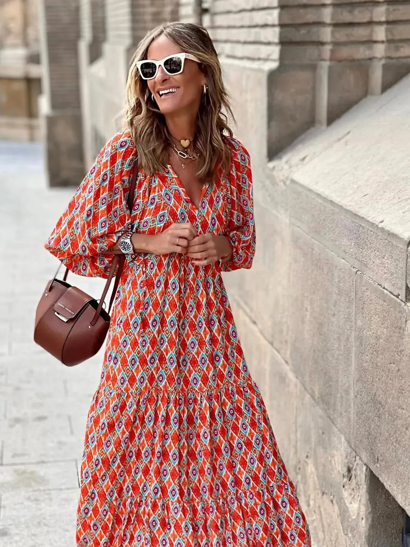 Full Size Printed V-Neck Balloon Sleeve Maxi Dress Plus Size sold by Charming Charlie product image thumbnail 2