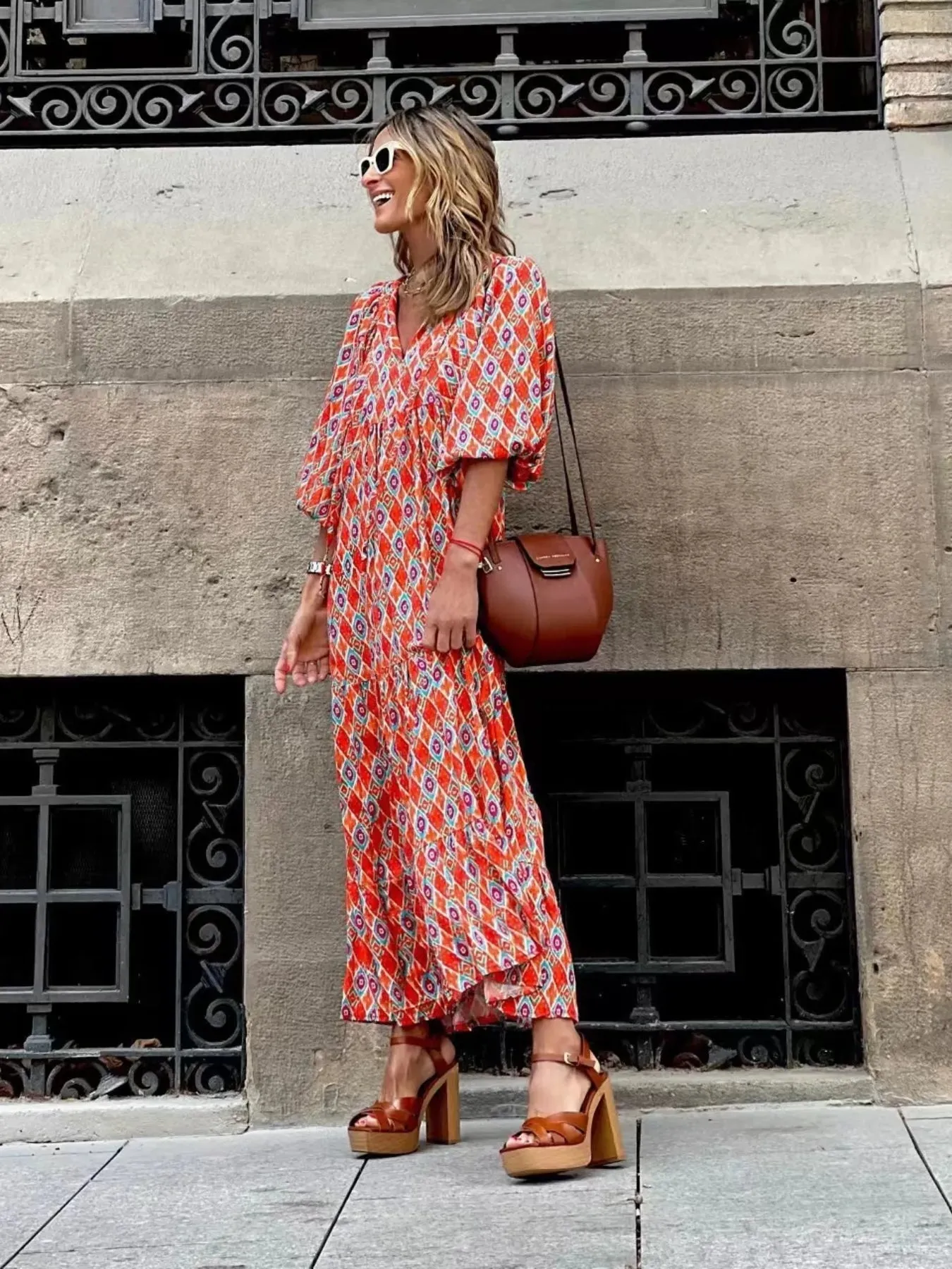Full Size Printed V-Neck Balloon Sleeve Maxi Dress Plus Size sold by Charming Charlie product image thumbnail 4