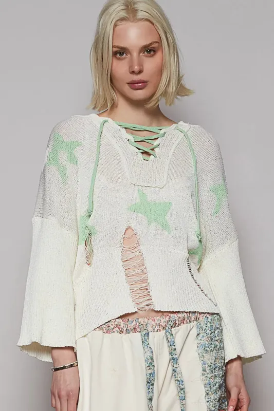 POL Distressed Lace-Up Star Pattern Hooded Hooded Sweater sold by Charming Charlie