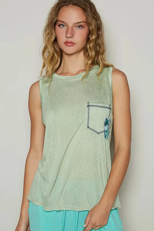 POL Floral Detail Pocket Patch Tank Top sold by Charming Charlie