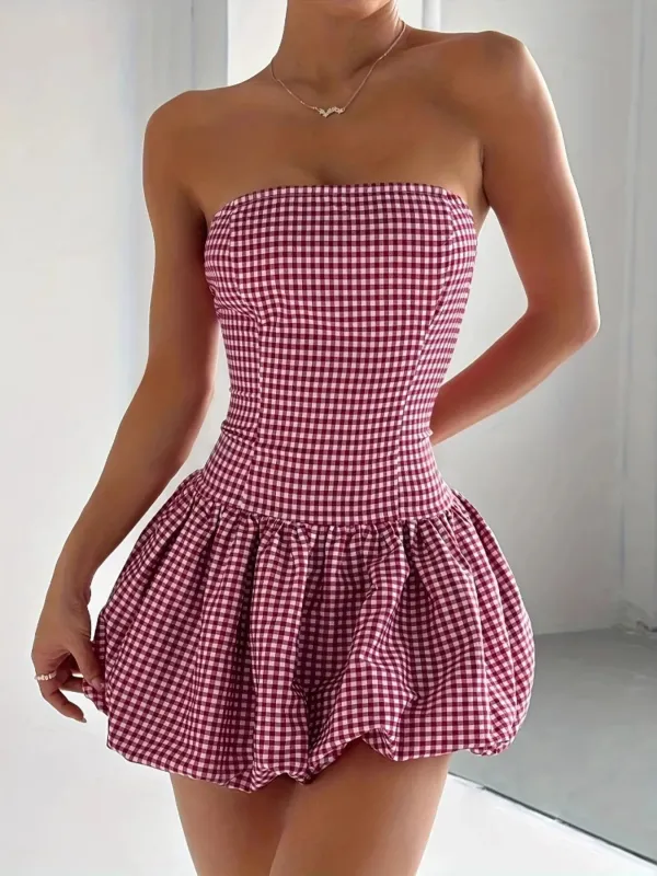 Gingham Tube Bubble Hem Mini Dress sold by Charming Charlie