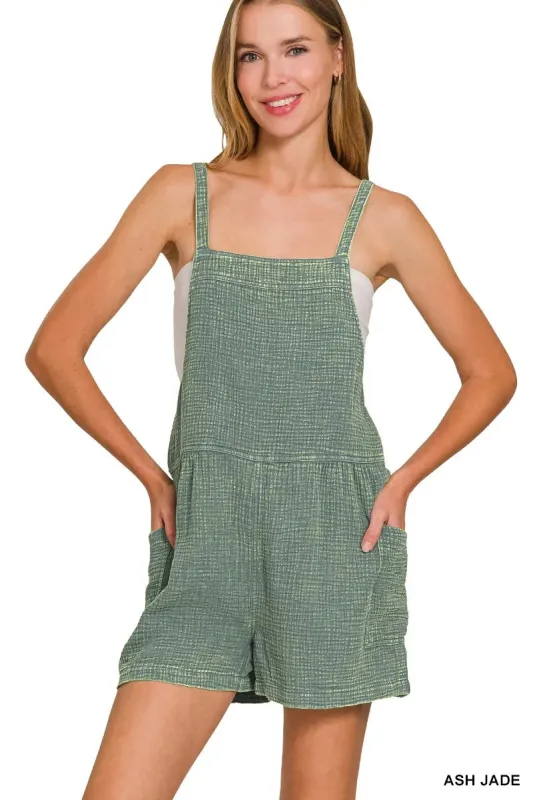 Zenana Washed Double Gauze Tie Back Rompers sold by Charming Charlie