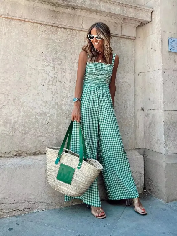 Gingham Smocked Wide-Leg Jumpsuit sold by Charming Charlie