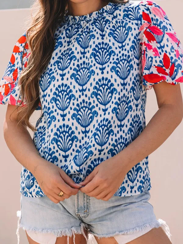 Printed Puff Sleeve Frilled Neck Blouse sold by Charming Charlie