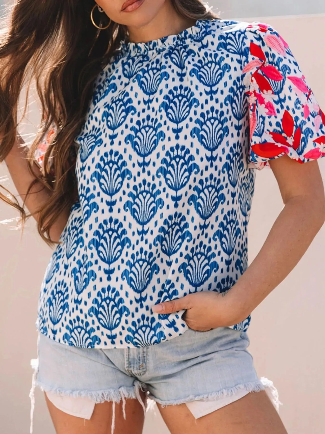 Printed Puff Sleeve Frilled Neck Blouse sold by Charming Charlie product image thumbnail 5