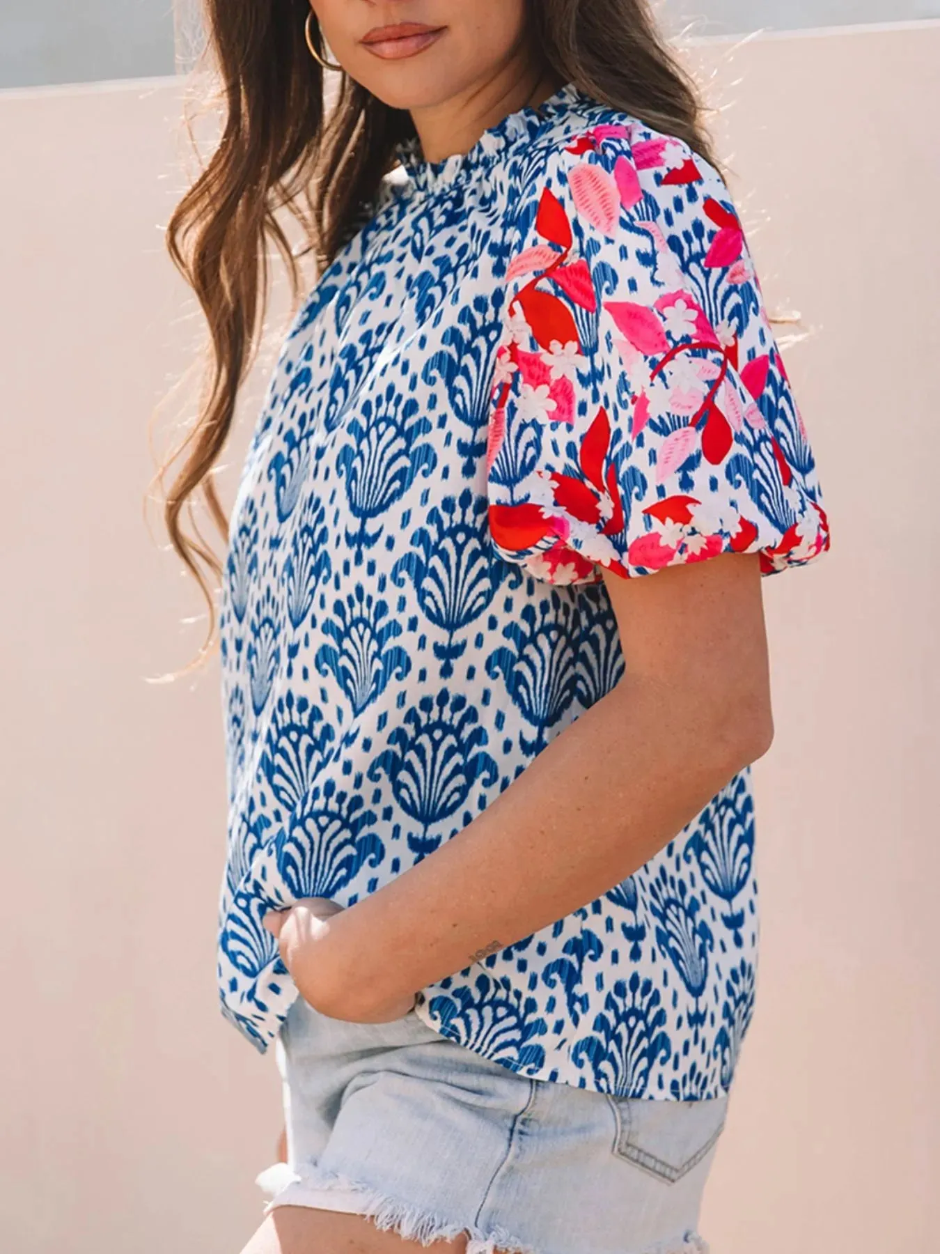 Printed Puff Sleeve Frilled Neck Blouse sold by Charming Charlie product image thumbnail 4