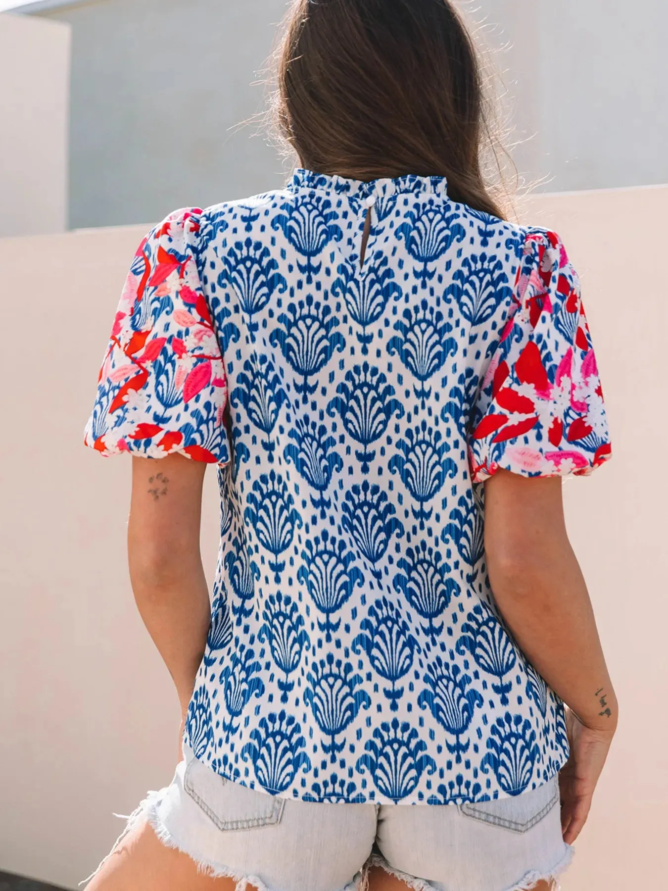 Printed Puff Sleeve Frilled Neck Blouse sold by Charming Charlie product image thumbnail 2