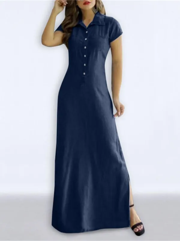 Full Size Button Front Denim Maxi Dress with Side Slit Plus Size sold by Charming Charlie