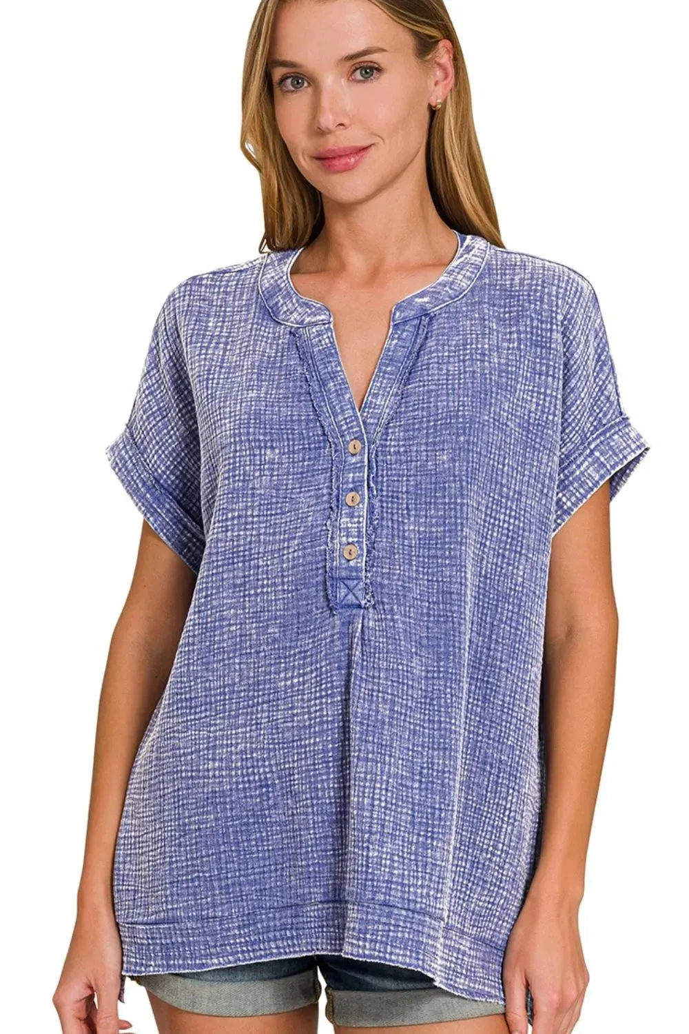Zenana Washed Double Gauze 3/4 Button Henley Neck Shirt sold by Charming Charlie product image thumbnail 2