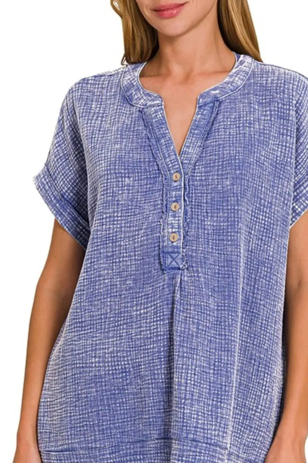 Zenana Washed Double Gauze 3/4 Button Henley Neck Shirt sold by Charming Charlie product image thumbnail 3