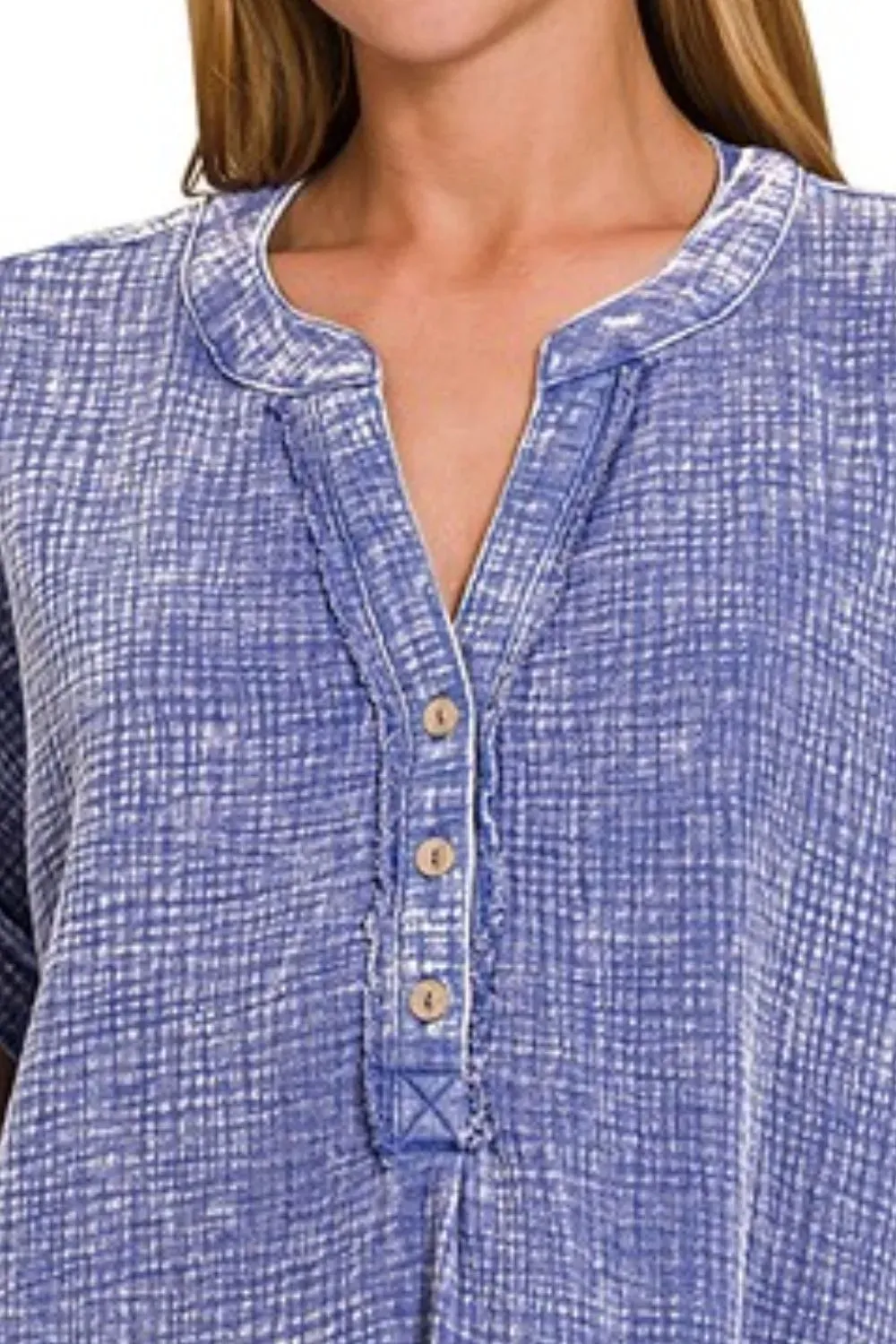 Zenana Washed Double Gauze 3/4 Button Henley Neck Shirt sold by Charming Charlie product image thumbnail 4