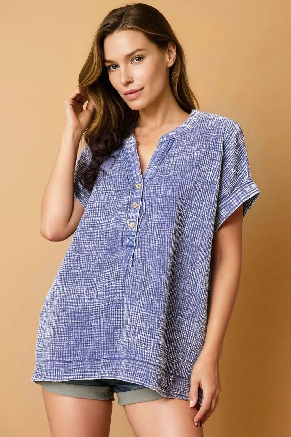 Zenana Washed Double Gauze 3/4 Button Henley Neck Shirt sold by Charming Charlie