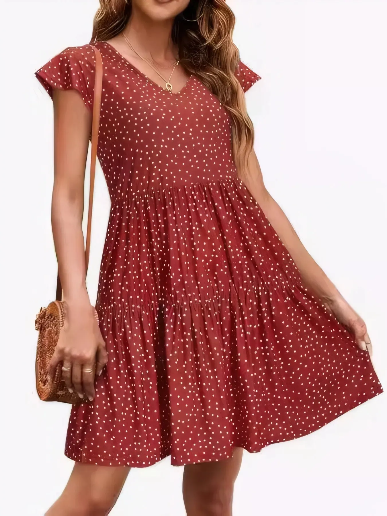 Polka Dot Ruffle Sleeve V-Neck Mini Dress sold by Charming Charlie
