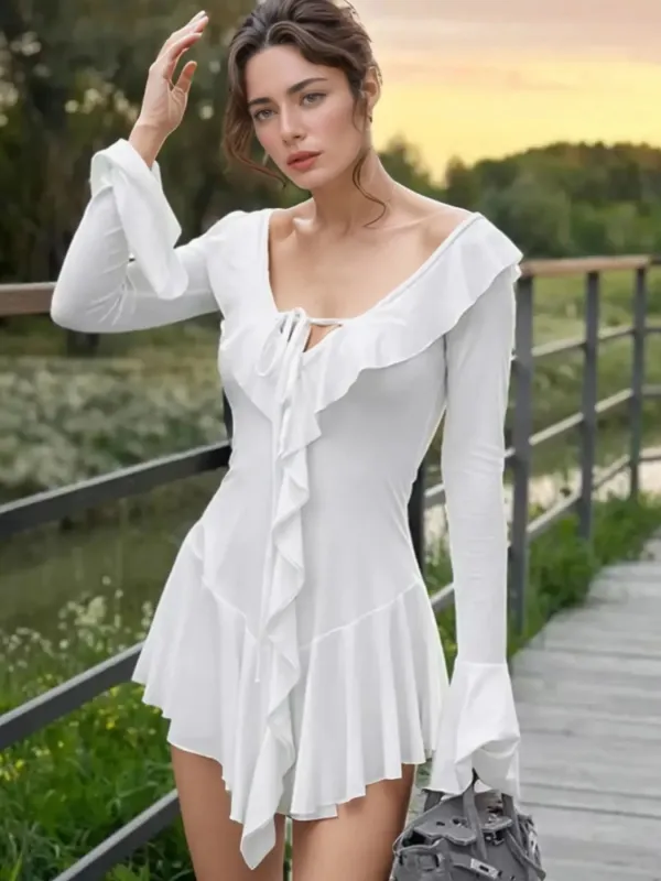 Ruffle V-Neck Flounce Sleeve Mini Dress sold by Charming Charlie