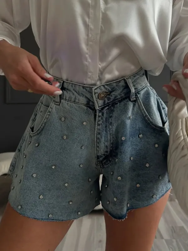 Rhinestone High Waist Denim Shorts sold by Charming Charlie