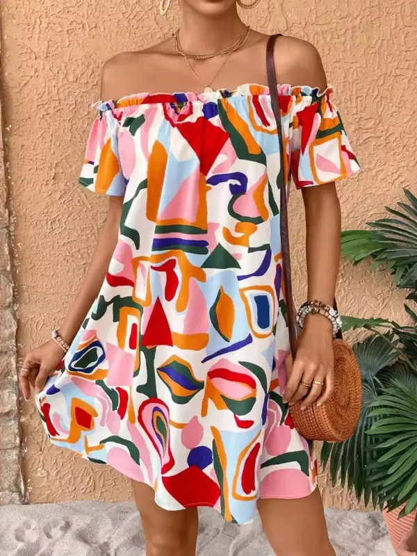 Colorful Abstract Print Off-Shoulder Summer Dress sold by Charming Charlie