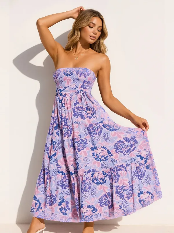 Floral Strapless Tiered Maxi Dress with Tie Belt sold by Charming Charlie