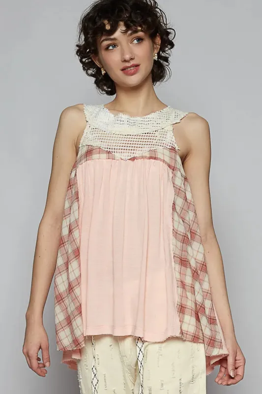 POL Crochet Lace Plaid Panel Detail Tank sold by Charming Charlie