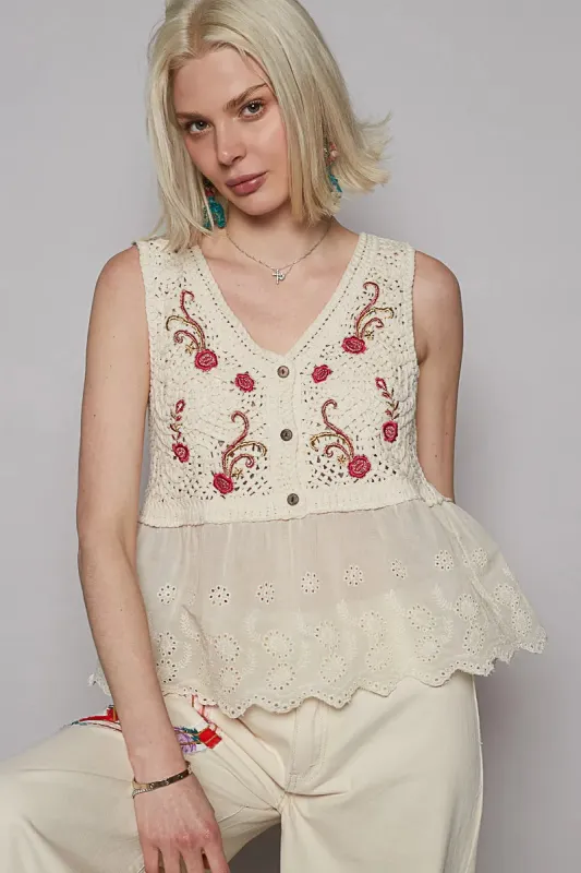 POL Embroidered Detail V-Neck Eyelet Peplum Tank sold by Charming Charlie
