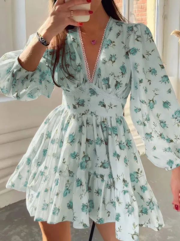 Full Size Floral Print Lace Detail V-Neck Mini Dress Plus SIze sold by Charming Charlie