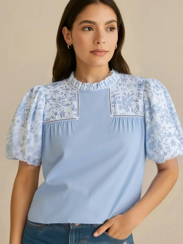 Lace Insert Floral Puff Sleeve Patchwork Loose Blouse sold by Charming Charlie