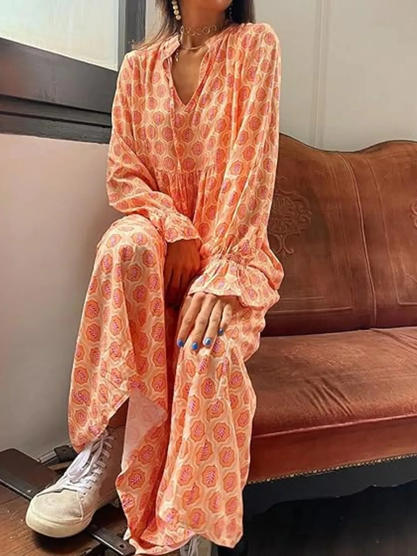 Printed Tie Neck Flounce Sleeve Maxi Dress sold by Charming Charlie product image thumbnail 3