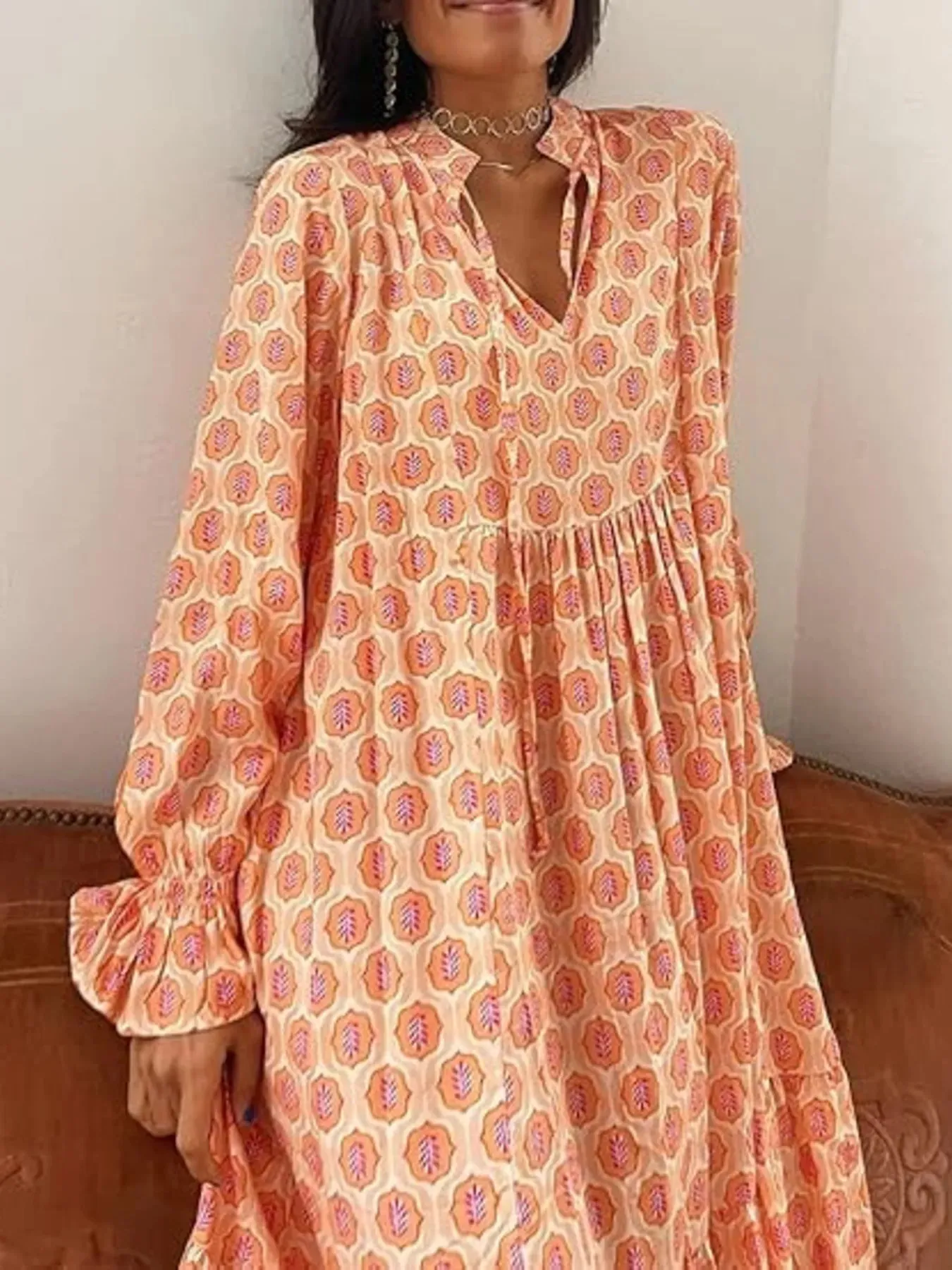 Printed Tie Neck Flounce Sleeve Maxi Dress sold by Charming Charlie product image thumbnail 2
