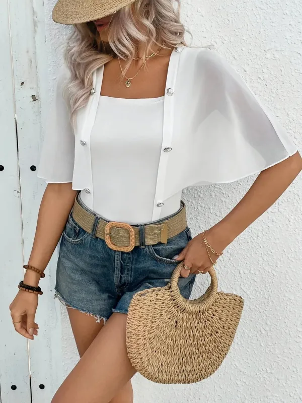Decorative Button Square Neck Half Sleeve Blouse sold by Charming Charlie