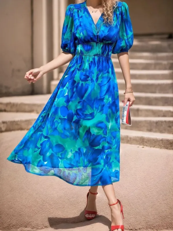 Printed Surplice Puff Sleeve Dress sold by Charming Charlie