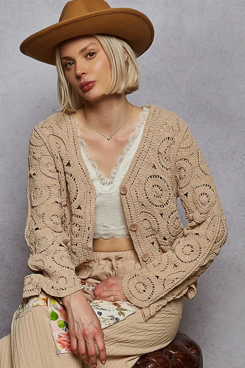 POL Button Down V-Neck Crochet Cardigan sold by Charming Charlie