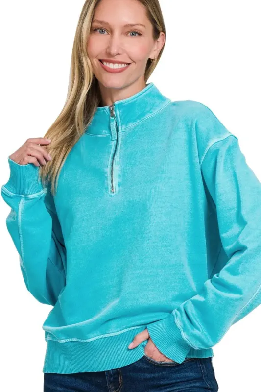Zenana F/terry Pigment Dye & Enzyme Washing Half Zip Top sold by Charming Charlie