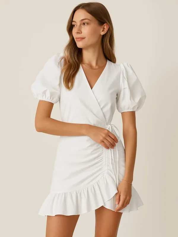 Ruched Ruffle Hem Surplice Puff Sleeve Dress sold by Charming Charlie