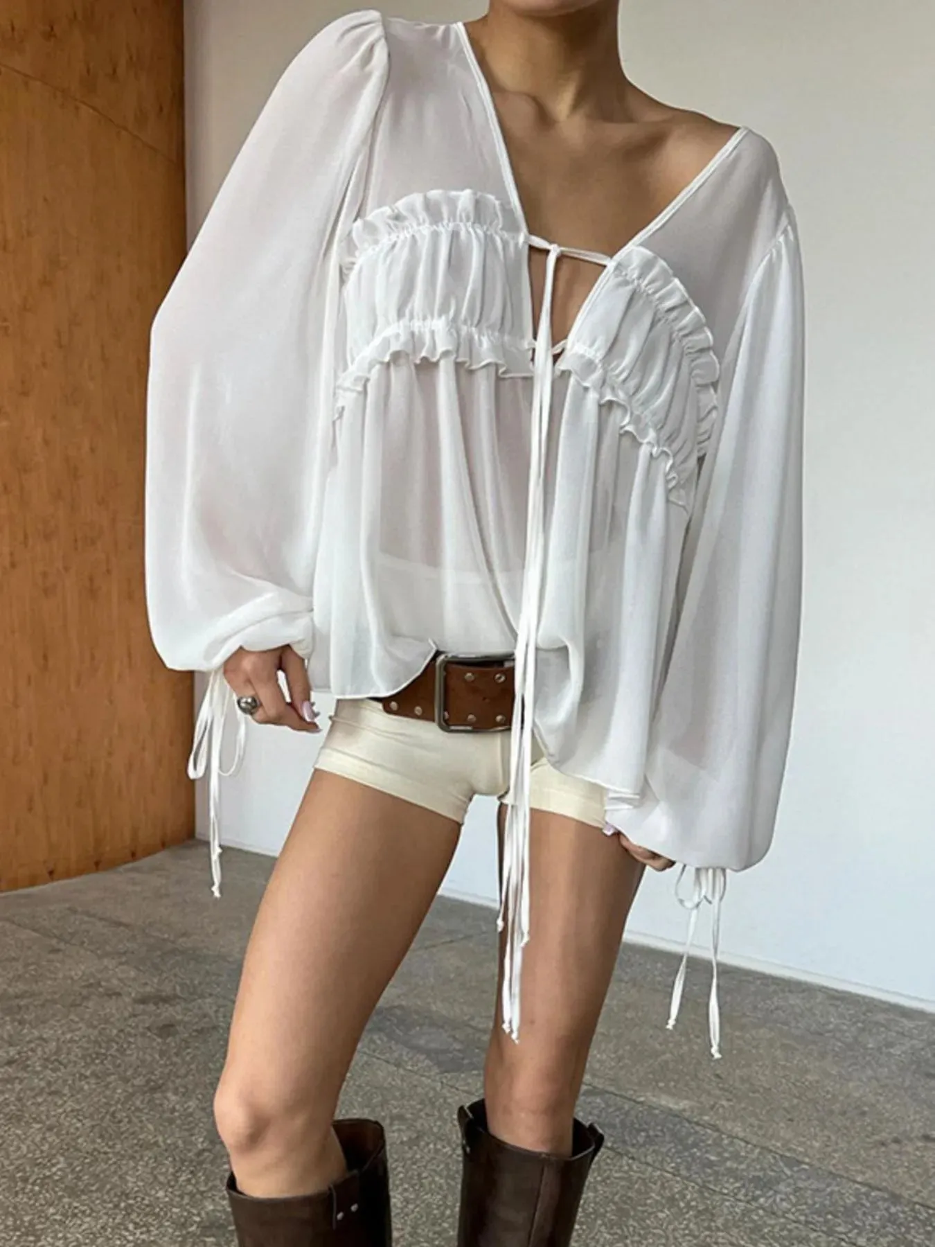 Ruffled Tie Front Long Sleeve Blouse sold by Charming Charlie product image thumbnail 4