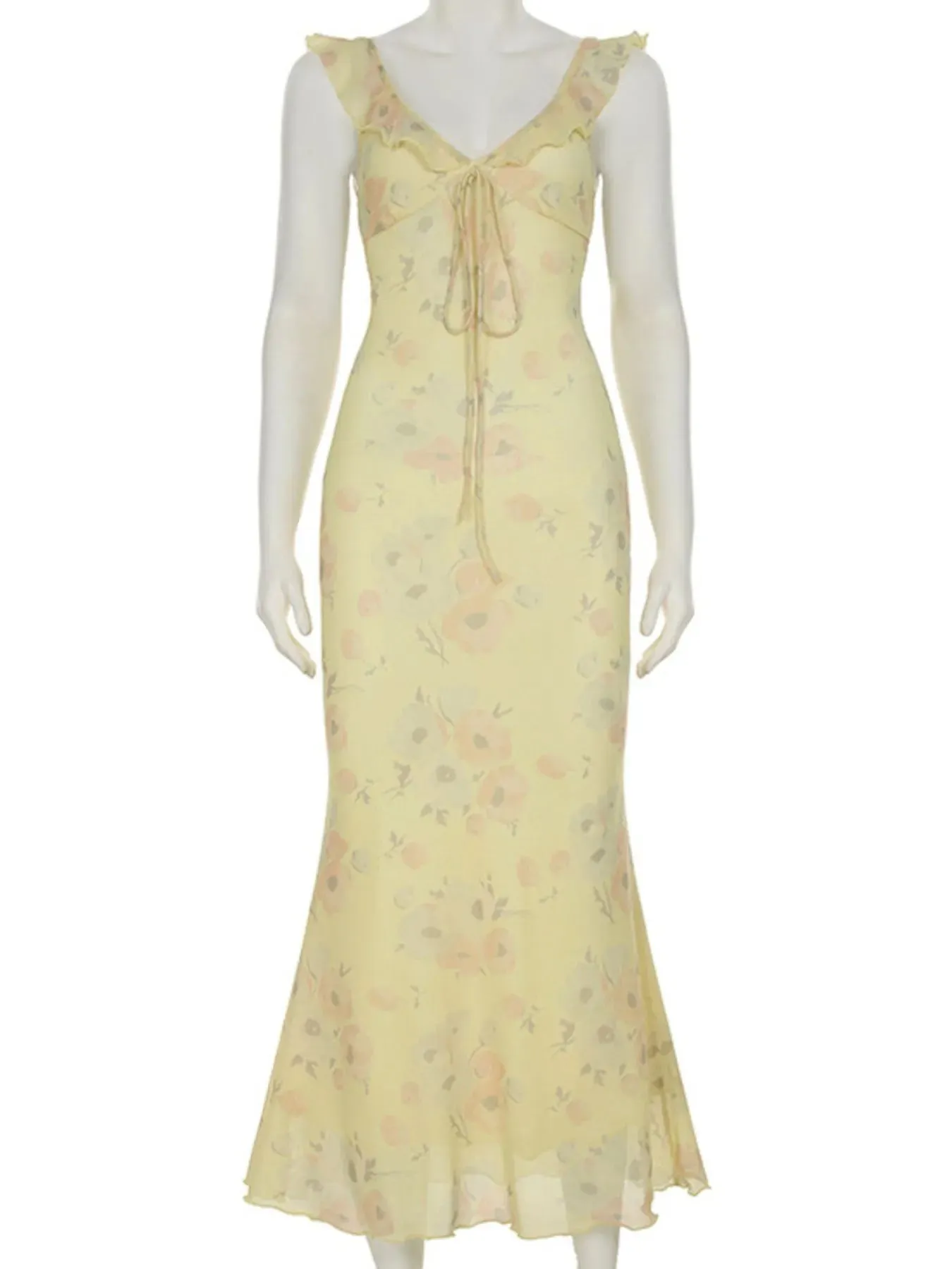 Printed Ruffle Cami Maxi Dress with Tie Front Detail sold by Charming Charlie product image thumbnail 5