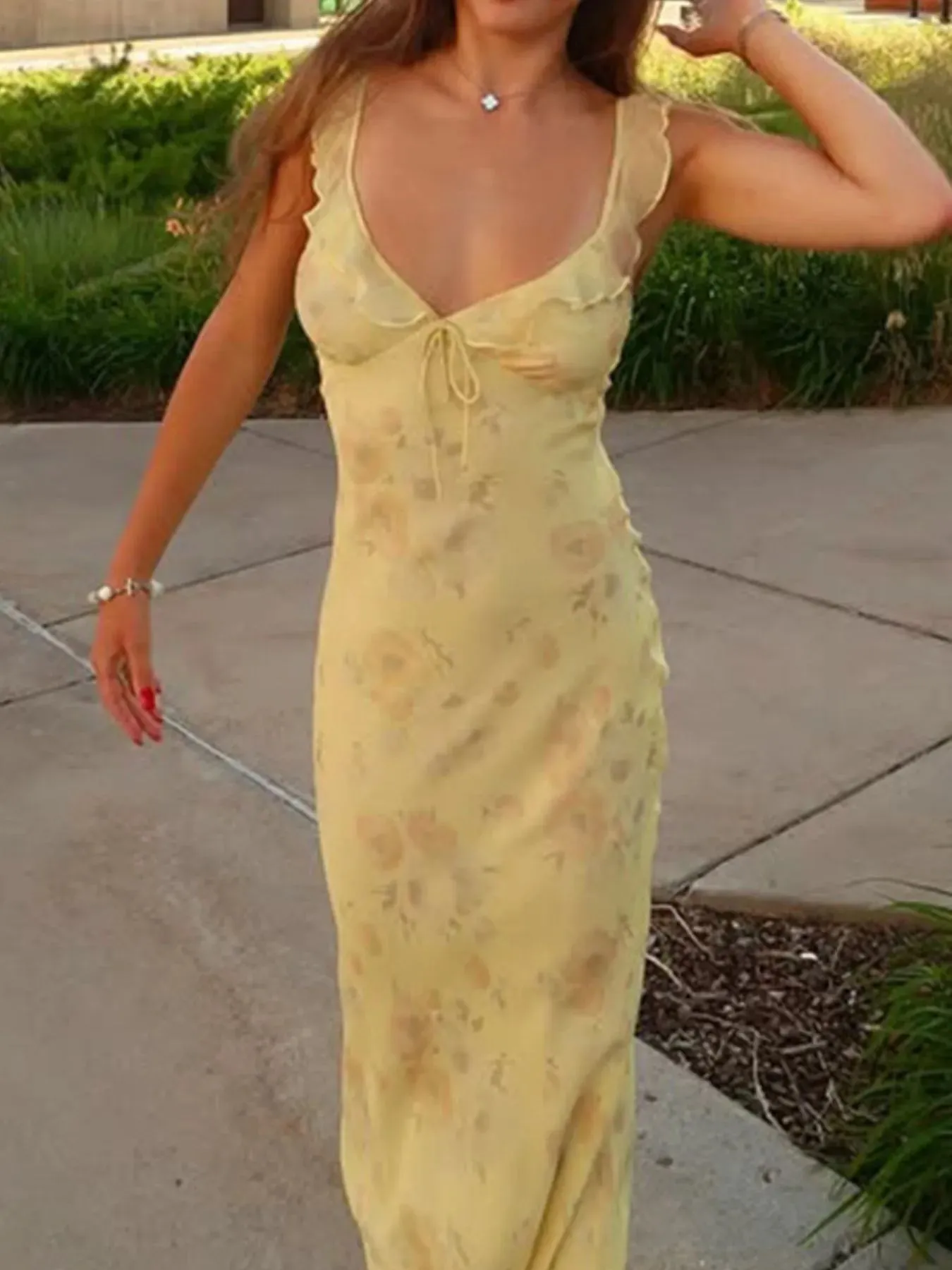 Printed Ruffle Cami Maxi Dress with Tie Front Detail sold by Charming Charlie product image thumbnail 2