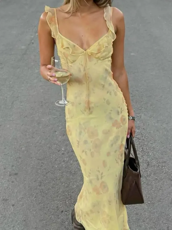 Printed Ruffle Cami Maxi Dress with Tie Front Detail sold by Charming Charlie