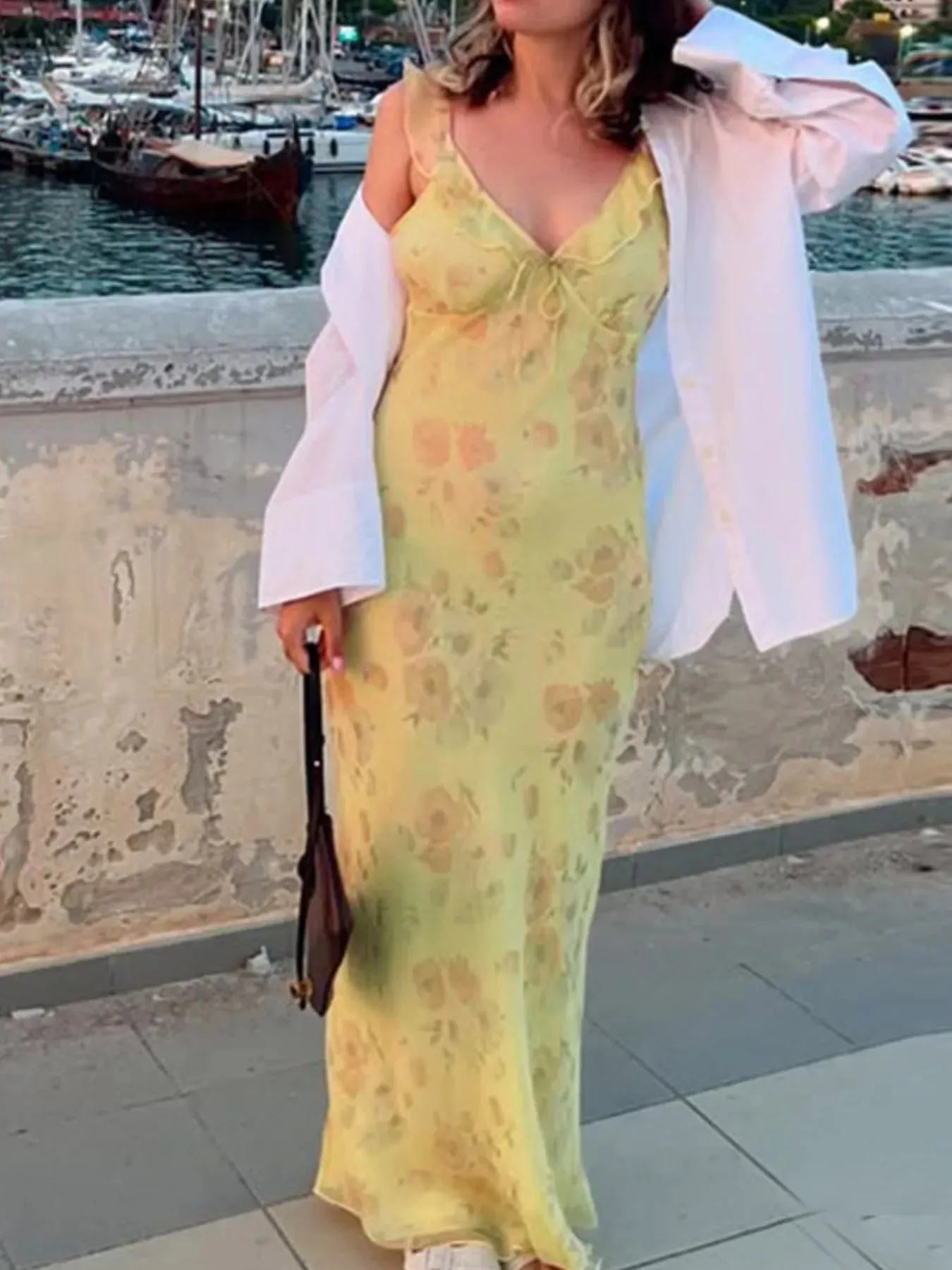 Printed Ruffle Cami Maxi Dress with Tie Front Detail sold by Charming Charlie product image thumbnail 4