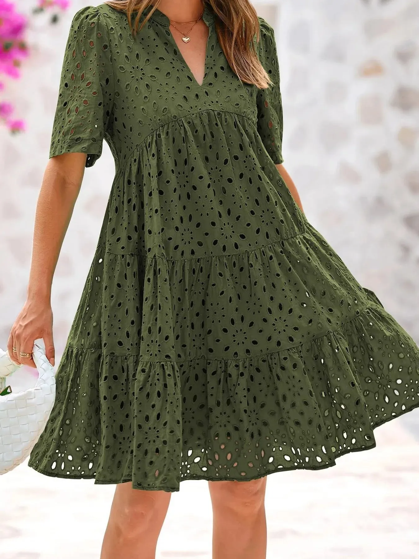Full Size Eyelet Notched Short Sleeve Mini Dress Plus Size sold by Charming Charlie