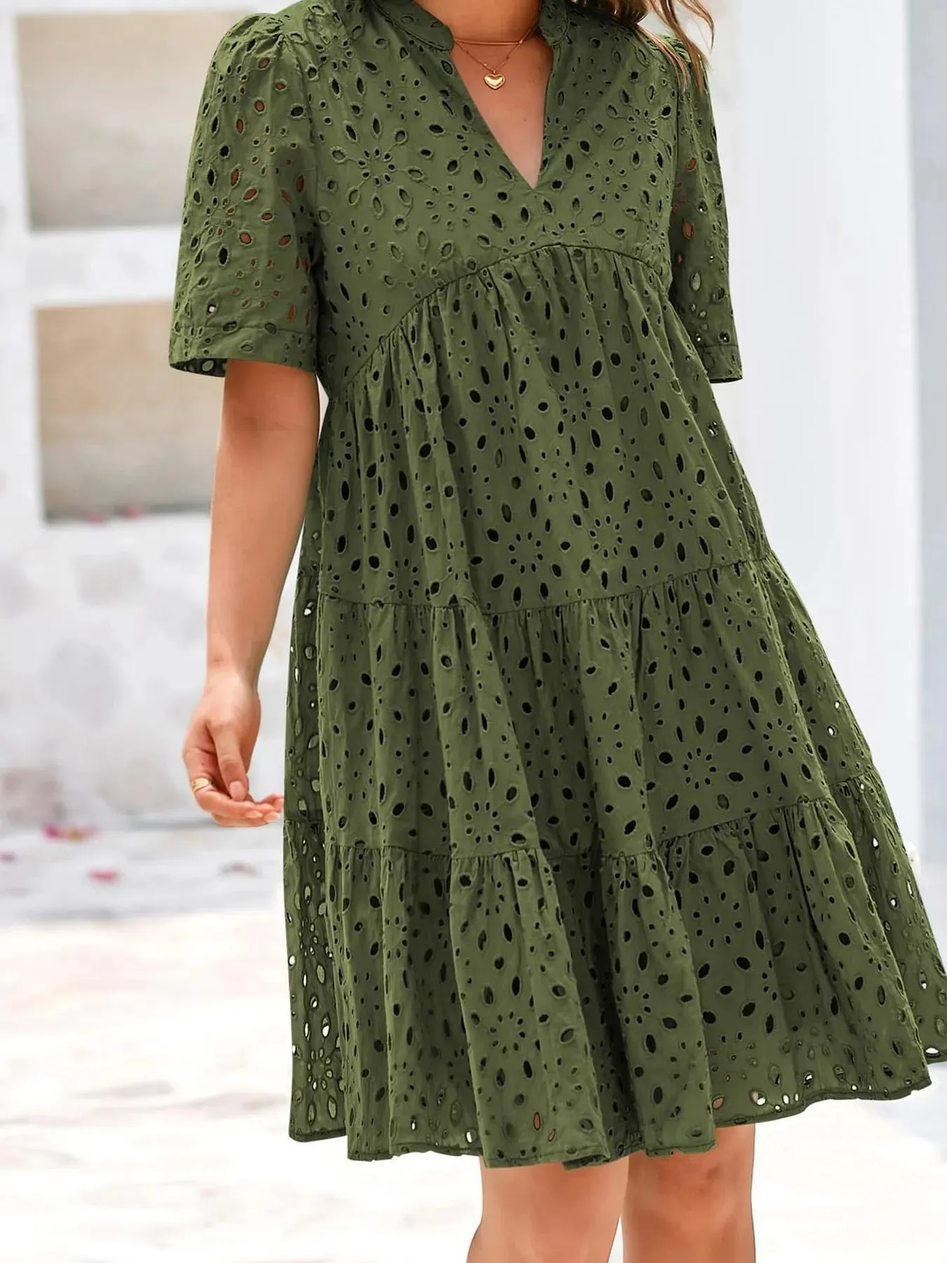 Full Size Eyelet Notched Short Sleeve Mini Dress Plus Size sold by Charming Charlie product image thumbnail 2