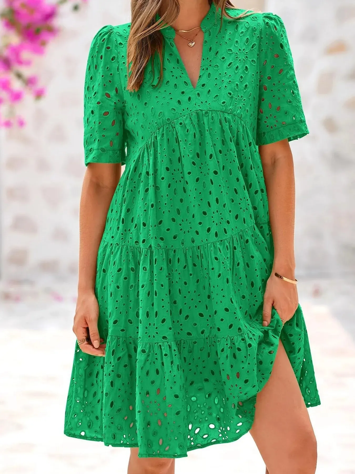 Full Size Eyelet Notched Short Sleeve Mini Dress Plus Size sold by Charming Charlie product image thumbnail 5