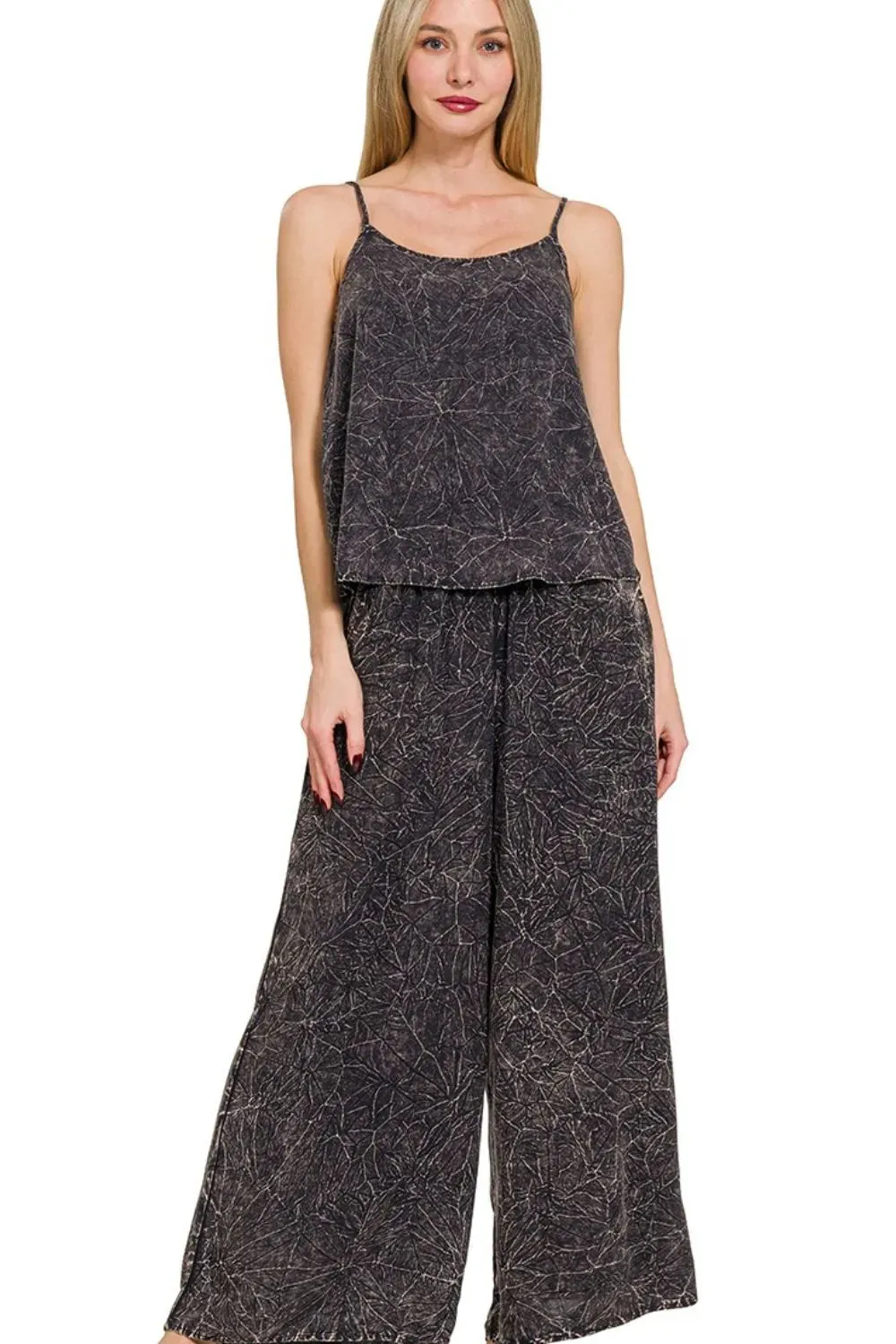 Zenana Woven Acid Crinkle Washed Cami & Pants 2 Piece Set sold by Charming Charlie