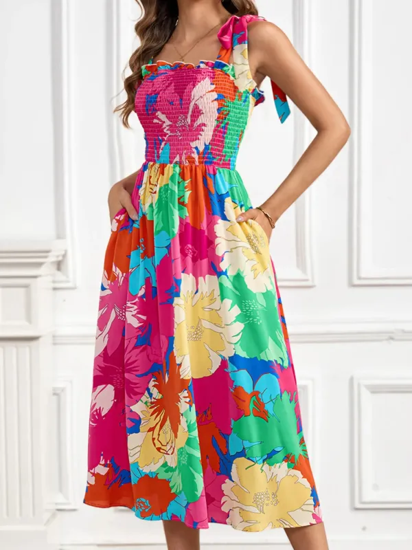 Smocked Printed Tie Shoulder Midi Dress sold by Charming Charlie