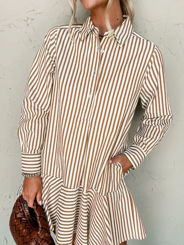 Stripe Ruffled Hem Collared Long Sleeve Shirt Mini Dress sold by Charming Charlie