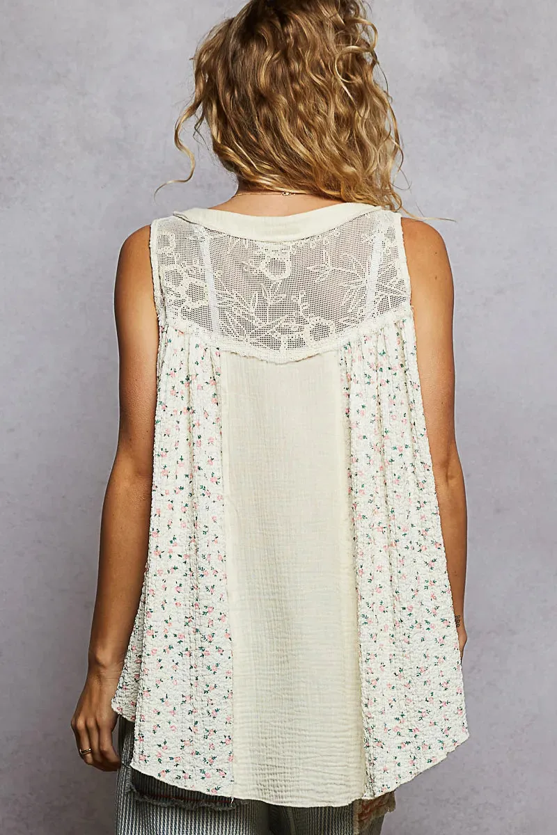 POL Floral Print Button-Front Lace Patchwork Tank Top sold by Charming Charlie product image thumbnail 4