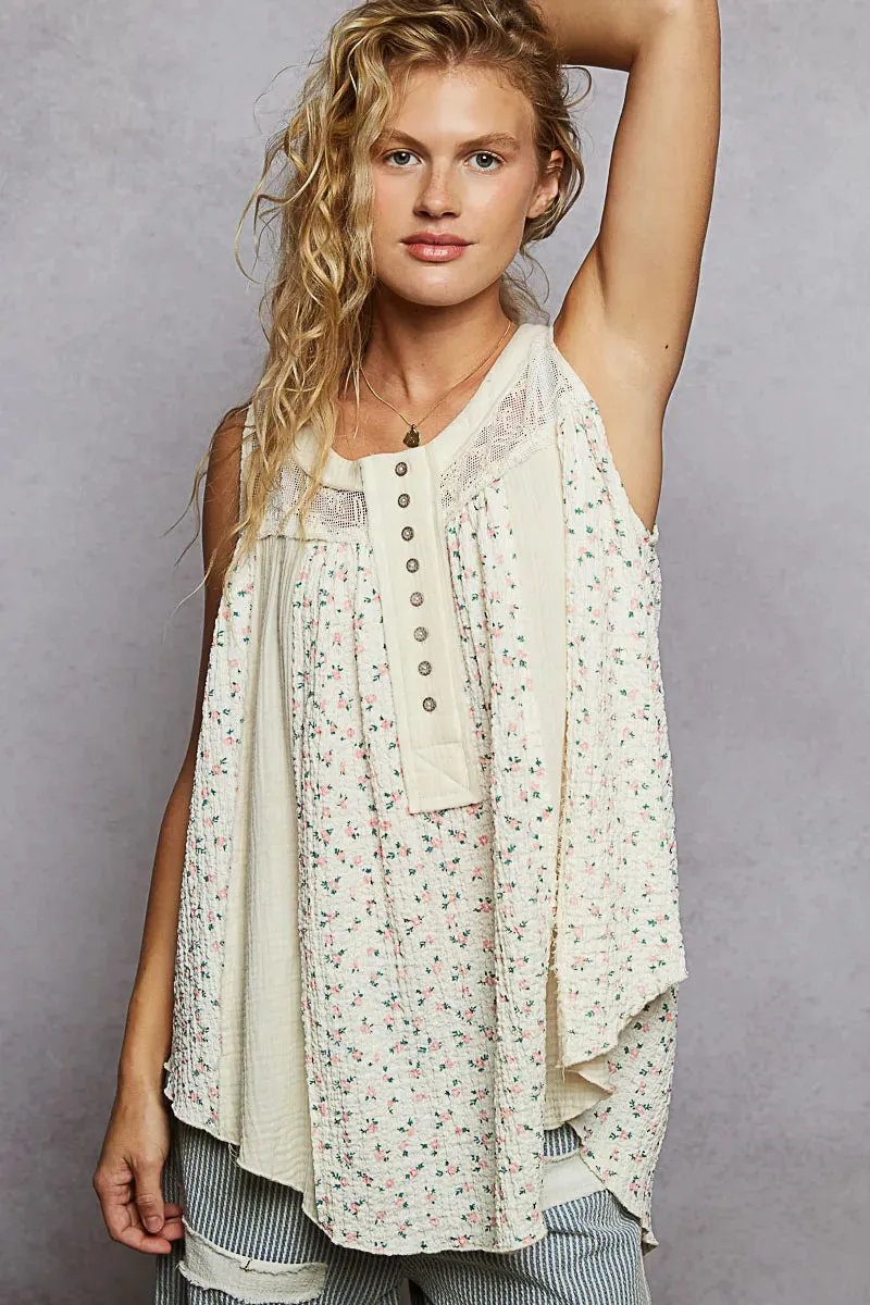 POL Floral Print Button-Front Lace Patchwork Tank Top sold by Charming Charlie product image thumbnail 3